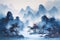 Landscape of karst mountains in China. Digital painting. A blue mountain painting capturing a beautiful landscape, handcrafted