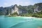 Landscape of Krabi beach with rocks and boats Thailand