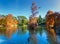 Landscape with lagoon and fountain in the Retiro Park. Water sources. Trees in autumn.