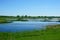 Landscape lake, grass, field