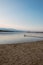 Landscape of a lake with a happy dog or mongrel running. Beautiful sky with clouds during sunset. Sandy beach. Free time. Free tim