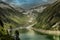 Landscape with lake, mountains, red helicopter and grass land small Tibet