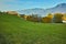 Landscape of Lake Thun and typical Switzerland village near town of Interlaken, canton of Bern