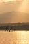 Landscape of lake and traditional raft dip net at sunset