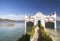 Landscape,lake view and typic house over water in Banyoles,Catalonia,Spain.