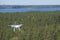 Landscape with lake from watchtower and closeup of drone above forest