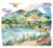 Landscape with lake, watercolor illustration. Abstract watercolor painting landscape on paper colorful of forest view on hill
