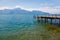 Landscape. Lakeside and snowy mountains at the sunny day