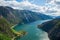 Landscape of the Langfoss waterfall and mountains in Akrafjorden, Norway