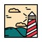 Landscape lighthouse hills sky clouds scene cartoon line and fill style