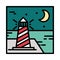 Landscape lighthouse ocean moon night sky cartoon line and fill style