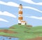 Landscape with lighthouse tower on sea coast. Light house or beacon on seashore. Coastal nautical building. concept of