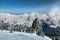 Landscape: lonely rock on the background of French alps early morning