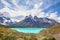 Landscape of `Los Cuernos` The Horns in English and NordenskjÃ¶ld Lake - Torres del Paine National Park