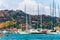 Landscape with Luxury yachts in marina of Porto Cervo Sardinia