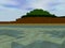 Landscape made of pixel squares with large water area