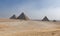 Landscape of the main Pyramids in Giza plateau. Pyramids of Cheops, Chephren and Mycerinus. Egypt