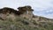 Landscape with massive rock formations and green plants in Canadian Badlands