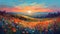 Landscape of a meadow at sunset with wildflowers and a beautiful sky. Oil painting in the impressionistic style.