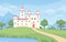 Landscape with medieval castle. Cartoon fantasy royal palace with towers. Old kingdom building, green meadow, pond and