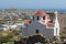 Landscape with medieval fortress and White church, Mykonos island, Greece