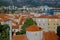 Landscape of of Mediterranean old town Budva, Montenegro. Ancient walls and red tiled roofs