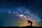 Landscape with Milky way galaxy. Night sky with stars and Photographer take photo on the mountain.