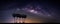 Landscape with Milky way galaxy. Night sky with stars and silhouette coconut palm tree on the mountain. Long exposure photograph.