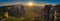 Landscape with monasteries and rock formations in Meteora, Greece. during sunset