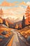 Landscape of mountain empty road in autumn with pines, bushes, orange grass Flat colorful vector illustration