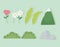 Landscape mountain leaf flower bush stone icons green background