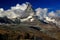 A landscape with a mountain Matterhorn view partially covered by clouds near Zermatt, in Switzerland