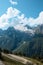 Landscape, mountain panorama, alpine meadows and mountain peaks in ice