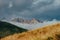 Landscape with mountain peaks in a foggy haze