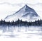 Landscape with mountain, spruce forest, water and sky. Hand drawn watercolor illustration