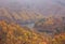 Landscape of mountain with yellow pine trees in autumn in Bandai Azuma Lakeline - Yama, Fukushima, Japan