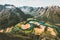 Landscape Mountains aerial view fields valley and blue river in Norway