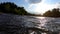 Landscape mountains, blue sky with river and abstract blurred view