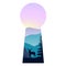 Landscape with mountains, dear, mist and forest at sunset . Double exposure, panoramic view, keyhole shape