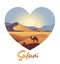 Landscape with mountains, desert and camel. Heart shape. Safari inscription
