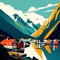 Landscape with mountains, fjord and village. Vector illustration Generative AI