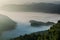 Landscape, mountains and fog in the morning when the sunrises in the background.