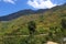 Landscape with mountains, forest and pines, cottages, mountain houses, blue sky, clouds, twisting road & terrace farms.