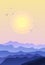 Landscape with Mountains Peaks and pink gradient sky at sunrise sunset with birds. Vacation and Outdoor Banner. Recreation