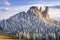 Landscape with mountains and pine forest full of white frost  in the spring time , Romanian landscape in the Carpathian mountains