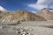 Landscape mountains range with nubra and shyok river between Diskit Turtok highway road at Leh Ladakh in Jammu and Kashmir, India