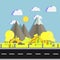Landscape of mountains with trees on hills near road in flat vector illustration. Natural place for camping and hiking