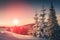 Landscape of mountains winter. View of snow-covered conifer trees at sunrise. Retro filter.