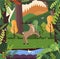 Landscape with mountains, wood, deer and river. Flat style cartoon vector illustration.