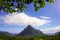 Landscape of Mt Rotui volcano rising above two bays on the island of Moorea in French Polynesia